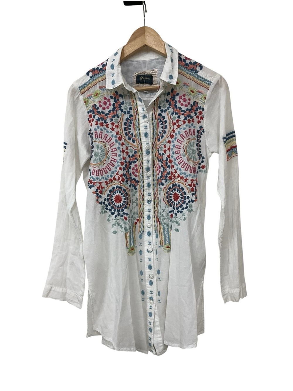 Biya Johnny Was Blouse White Embroidered Boho Button Front LS Tunic Top S